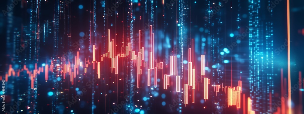 Poster vibrant digital sound waves represented by colorful bars and sparkling particles in a futuristic set