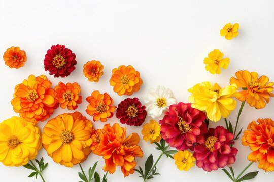 Colorful marigolds on white background