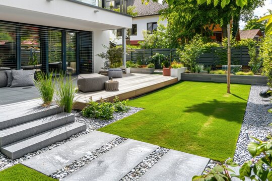 Contemporary garden design with cobble paving concrete slab turf and wood terrace