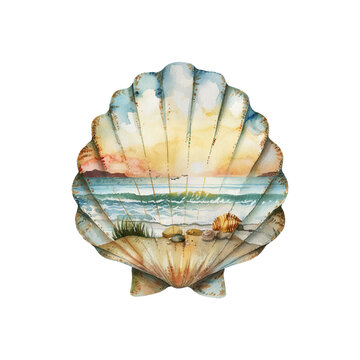 recommend clip art: imagine silhouette shell with beach scene inside vector illustration in watercolor style1