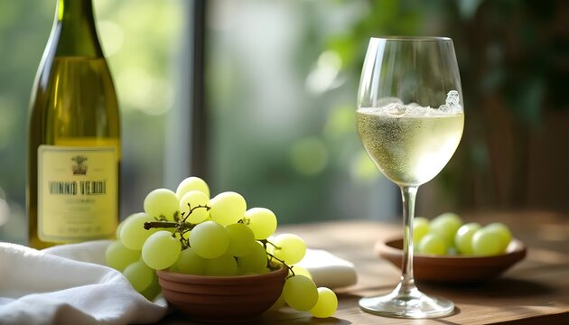 Chilled Glass of Vinho Verde White Wine with Grapes and Bottle in a Bright Setting (Portuguese Cuisine)