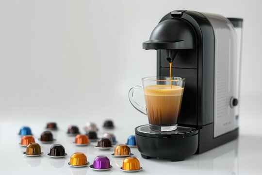 Espresso machine brewing coffee capsules on white backdrop
