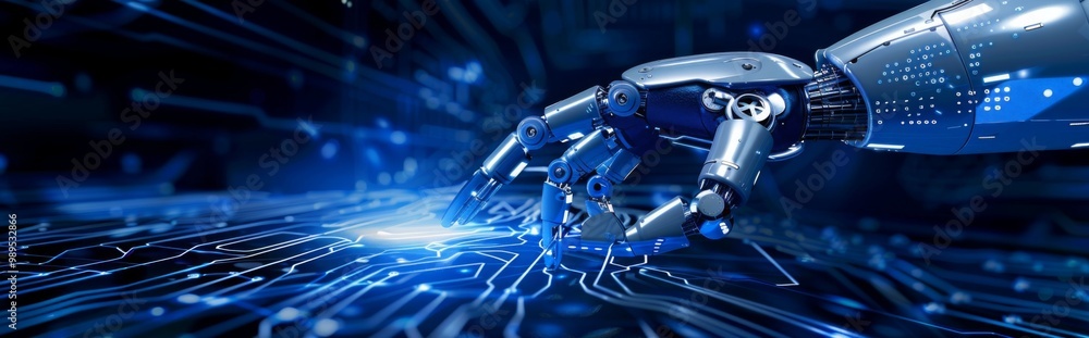 Poster futuristic design featuring a robot pressing a touch-sensitive surface.