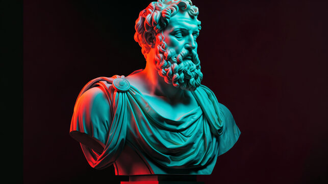 Ancient Greek philosopher bust illuminated in vibrant neon red and blue, dramatic contrast on black background, modern artistic reinterpretation of classical sculpture