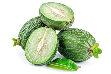 Fototapeta premium Fresh feijoa on white background tropical fruit whole and half