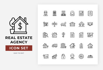 Real Estate Agency minimal thin editable line Web & Apps icon set Collection. Included the icons as rent, property, mortgage, home loan and more. Outline icons collection, Editable Eps.10