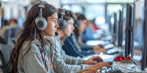 Focused Students in Computer Lab, Online Learning and Gaming