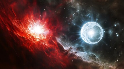 Obraz premium Binary star system with one star being a white dwarf and the other a red giant within a molecular cloud filled with dark nebulae and cosmic rays