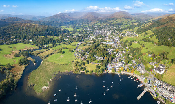 panorama aerial view of Ambleside, Windermere, Westmorland and Furness district of Cumbria, Lake Distract, UK