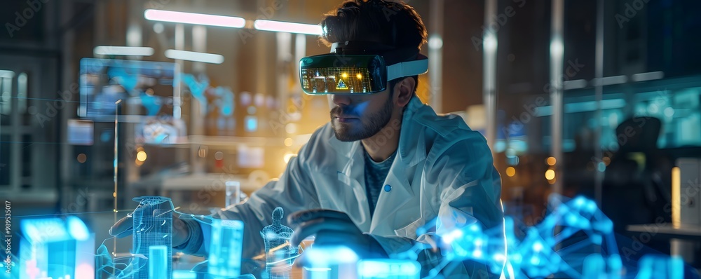 Poster a scientist in a lab uses advanced technology and virtual reality for research and innovation in a m
