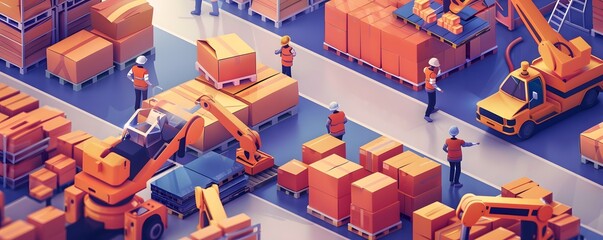 A vibrant scene in a warehouse with workers and machinery handling orange boxes and crates efficiently.
