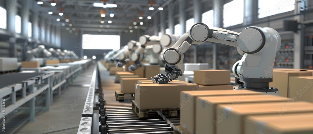 Poster automated robotic arms sorting boxes in a warehouse, showcasing advanced technology in logistics and