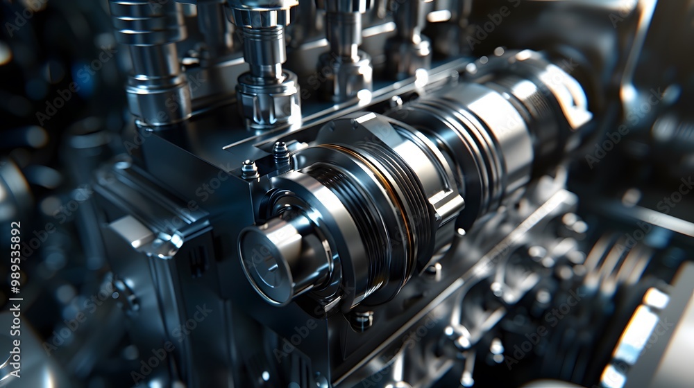 Poster close-up view of a complex mechanical engine component showcasing intricate details and advanced eng