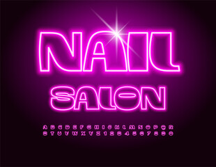 Vector Neon signboard Nail Salon. Elegant Pink Font. Modern Elegant Alphabet Letters and Numbers set.