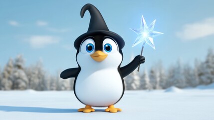 Whimsical Penguin with Magic Wand in Winter Wonderland