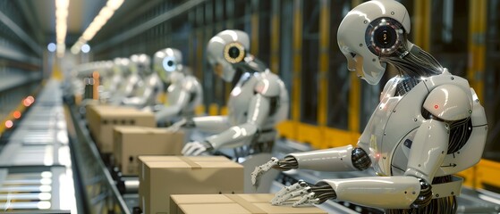 Fototapeta premium Futuristic robots working efficiently in a warehouse, showcasing automation and technology in logistics and packaging.