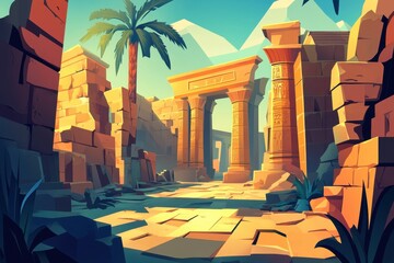 Ancient Egyptian Ruins with Palm Tree and Stone Archway