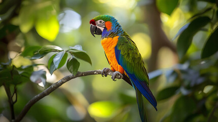 Obraz premium Colorful parrot perched on a rainforest branch, close-up, copy space