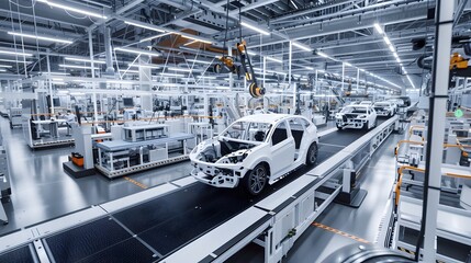 Fototapeta premium Modern auto manufacturing plant with robotic assembly line and white car chassis on conveyor belt in high-tech facility.