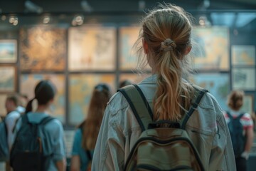 Fototapeta premium Woman with a backpack standing in front of a wall, visiting cultural