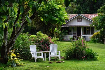 Obraz premium Two chairs by pretty garden beside house