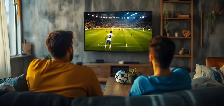 Two friends enjoying a thrilling soccer match on a big screen at home, surrounded by sports memorabilia and snacks.