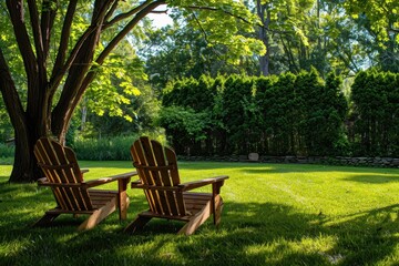 Fototapeta premium Two wooden chairs on green lawn with trees