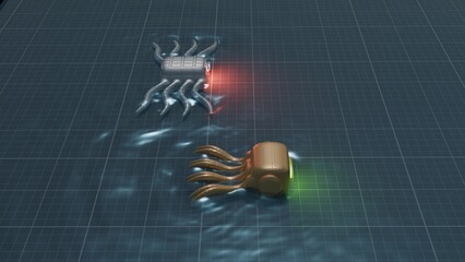 Biohybrid machines. Bio-hybrid robots swim in liquid. Organic machines. Synthetic life forms. Artificial life.
Soft robotics. 3d render illustration
