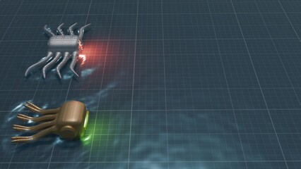 Biohybrid machines. Bio-hybrid robots swim in liquid. Organic machines. Synthetic life forms. Artificial life.
Soft robotics. 3d render illustration