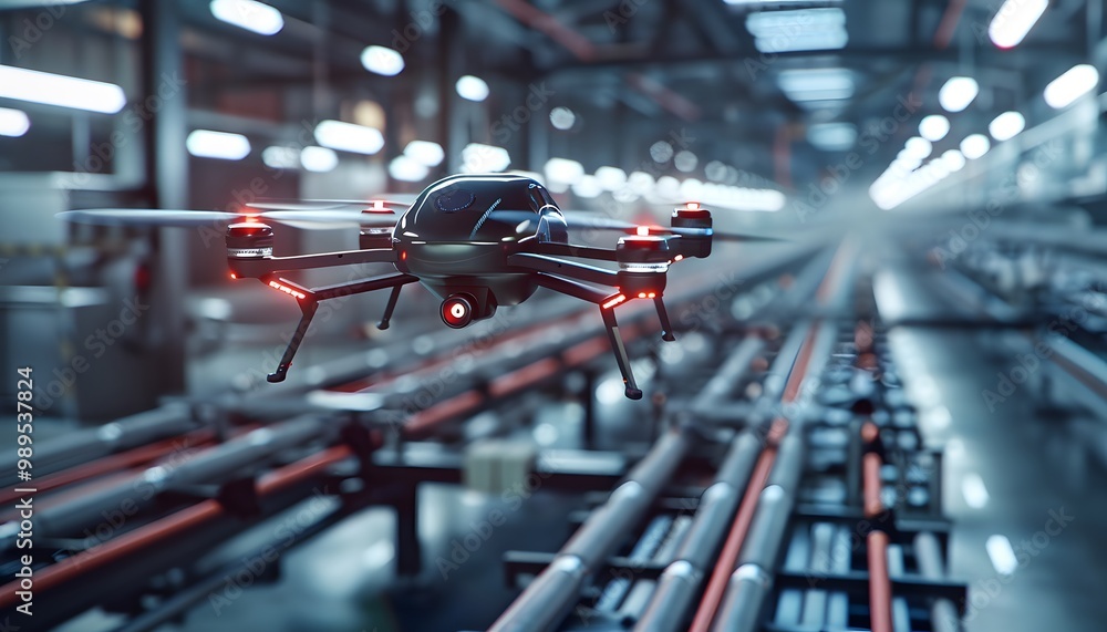 Poster a drone hovers in a modern industrial environment, showcasing advanced technology in a factory setti