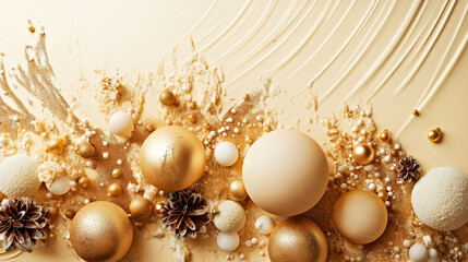 Christmas or New Year artistic arrangement of golden holiday ornaments and pinecones on a textured background, representing luxury and creativity in festive design.