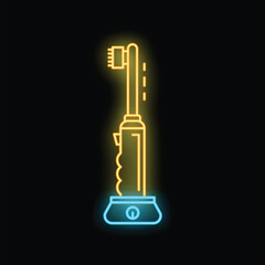 Glowing neon line electric toothbrush icon isolated on black background