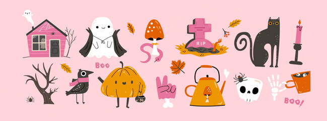 Retro cute Halloween illustration set