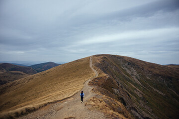 The girl travels in the mountains. Beautiful mountain landscape. Ukrainian Carpathian Mountains.