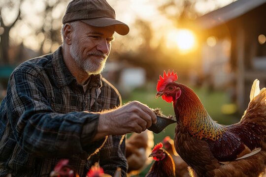 A farmer feeding his chickens at sunset, showcasing the bond between humans and animals in a serene rural setting.