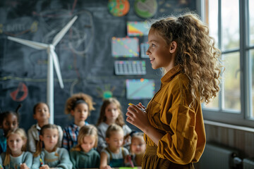A girl standing in front of her classmates presenting a project. Concept of school presentation, communication skills, education and learning, class presentations, active participation.