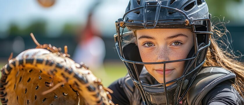A young female athlete in a baseball helmet and gear, focused and ready to catch a pitch on a sunny day at the field.