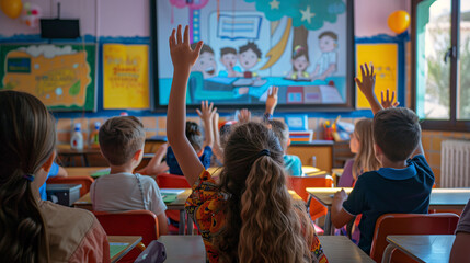 A group of children in the classroom raising their hands to answer or ask a question. Concept of class participation, early childhood education, active learning, school motivation, inclusive education