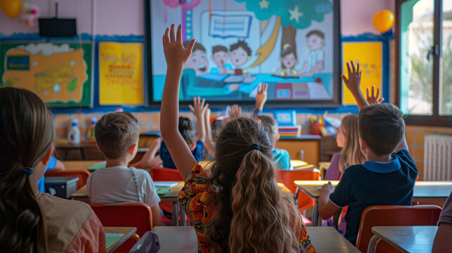 A group of children in the classroom raising their hands to answer or ask a question. Concept of class participation, early childhood education, active learning, school motivation, inclusive education