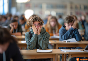 A teenager sitting at his desk in the classroom with a worried or stressed expression. Concept of academic performance and school stress.