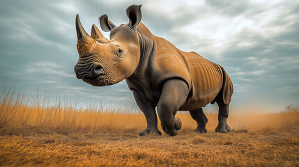 Naklejka premium Western black rhinoceros walking in open savannah, critically endangered and extinct species 