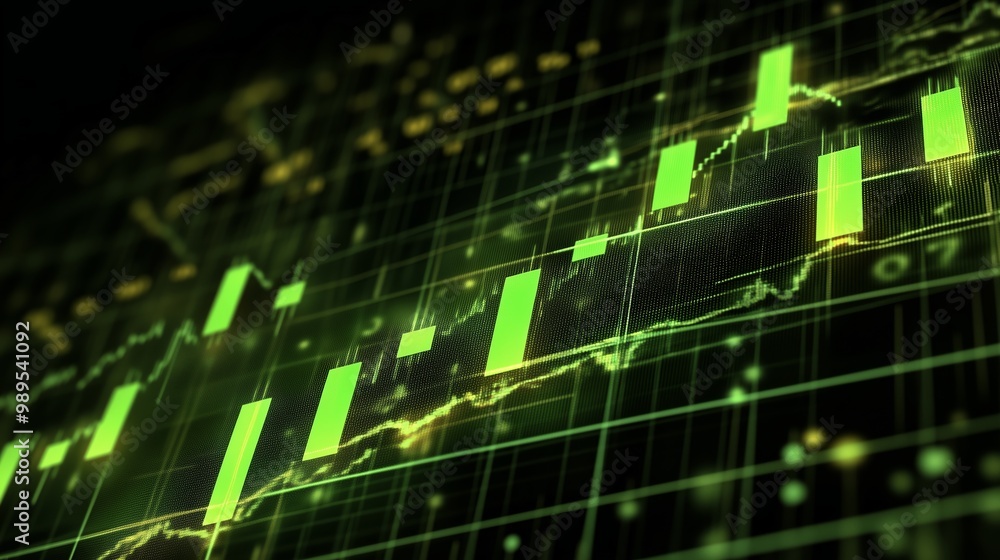 Poster financial market chart displaying green candlestick patterns and trends during trading hours in a di