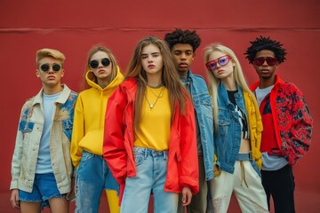 Obraz premium A diverse group of stylish young people poses confidently against a vibrant red wall wearing trendy streetwear in an urban setting