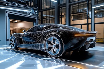 A sports car in a wind tunnel, being tested for aerodynamics with airflow visualizations around the vehicle