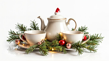 Fototapeta premium Festive Tea Set with Christmas Decorations and Santa Hat on White Background