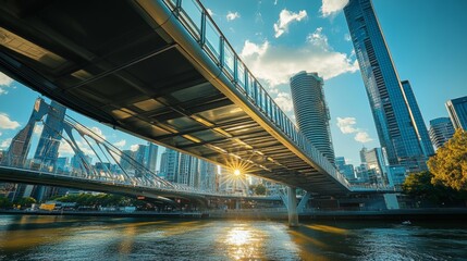 Naklejka premium Modern Bridge Over River with Cityscape and Sunset