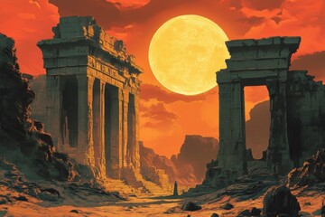 Fototapeta premium A lone figure walks past ancient ruins under a giant moon.