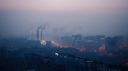 Naklejka premium An industrial city skyline at twilight air thick with smog and pollution.