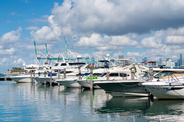 Luxurious yacht in Miami beach. Marina in Miami Beach, Florida. Luxury South beach marina. Miami...