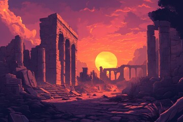 Fototapeta premium Ruins of an Ancient City at Sunset